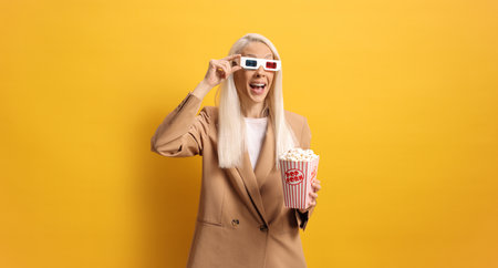 Woman putting on 3d glasses and holding a box of popcorn against yellow backgroundの写真素材