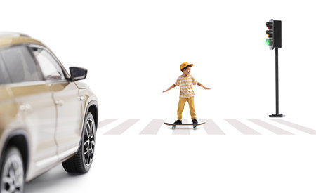 Boy riding a skateboard at a zebra crossing isolated on white backgroundの写真素材