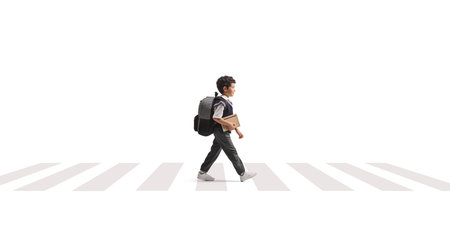 Full length profile shot of a male pupil with a backpack walking at zebra crossing isolated on white backgroundの写真素材