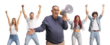 Mature man shouting and holding a megaphone and people cheering isolated on white backgroundの写真素材