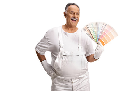 Mature house painter with a color palette isolated on white backgroundの写真素材