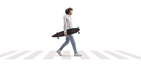 Full length profile shot of a guy walking at zebra crossing and carrying a longboard isolated on white backgroundの写真素材