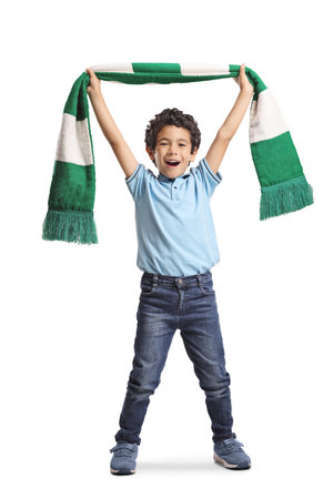 Happy asian boy cheering with a scarf isolated on white backgroundの写真素材