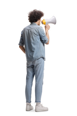 Rear view shot of a guy with a megaphone isolated on white backgroundの写真素材