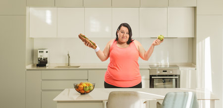 Woman holding a sandwich and an apple in a kitchenの写真素材