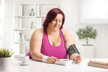 Corpulent young woman checking blood pressure at homeの写真素材