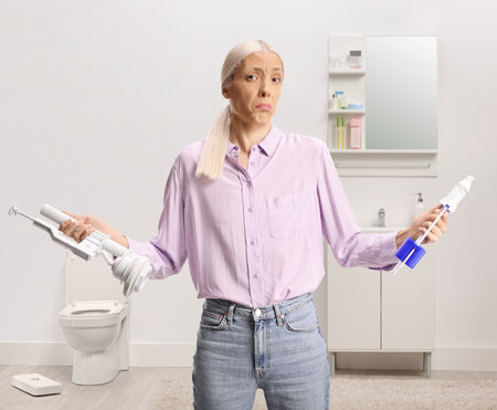 Confused woman holding toilet tank components in a bathroomの写真素材