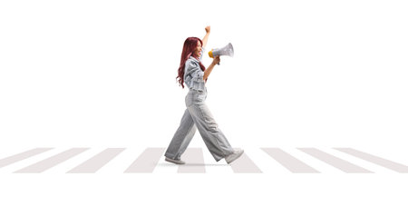 Asian woman walking at zebra crossing and speaking with a megaphone isolated on white background