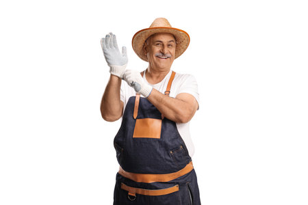 Male gardener putting on gloves isolated on white backgroundの写真素材