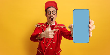 Funny man in a red suit showing a smartphone against yellow backgroundの写真素材