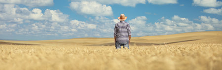 Farmer on a wheat field on a hot summer dayの写真素材