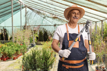 Smiling gardener holding a fence cutter in a greenhouseの写真素材
