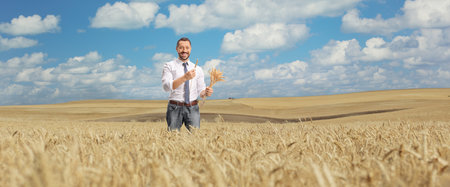 Businessman on a field holding wheat stalks and smiling