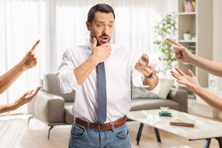 Fingers pointing at a shocked man looking at a receiptの写真素材