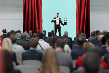 Magician performing a trick with a hat and rabbit on stage