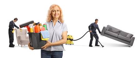 Woman with a bucket of cleaning supplies and service cleaners cleaning furniture isolated on white backgroundの写真素材
