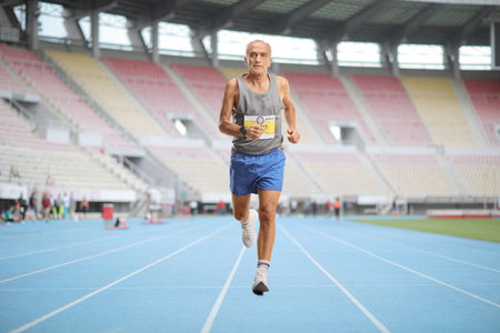 Full length portrait of a senior man running a marathon in a sports arenaの写真素材