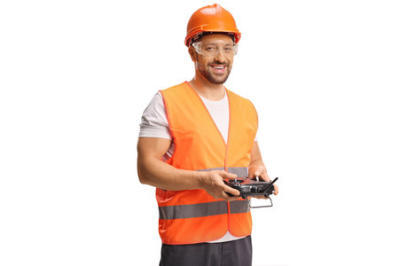 Drone operator with a reflective vest and helmet isolated on white background