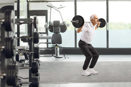 Fit senior man lifting weights at a gym