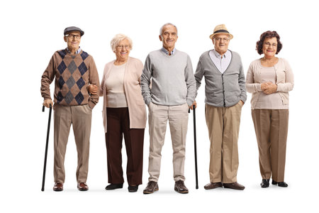 Group of older men and women posing together isolated on white backgroundの写真素材