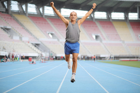 Full length portrait of a senior man running at a sports arena with arms up