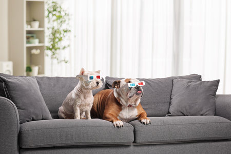 Bulldog and westie terrier dog with 3d cinema glasses seated on a sofa