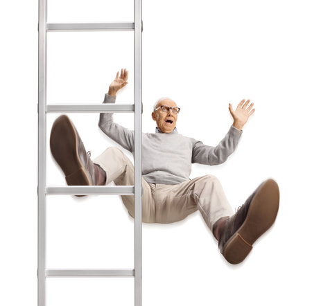 Scared elderly man with falling from a ladder isolated on white backgroundの写真素材