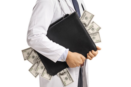 Doctor holding a briefcase full of money isolated on white background