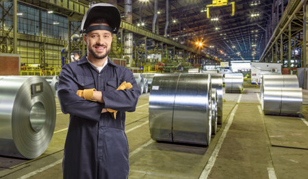 Worker in a steel mill wearing a welding shield