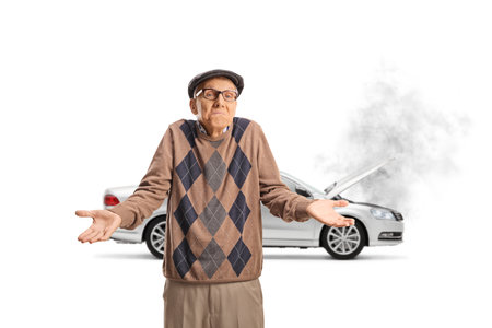 Confused elderly man waiting for help in front of a car breakdwon isolated on white backgroundの写真素材