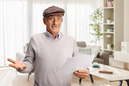 Confused elderly man reading a document at homeの写真素材