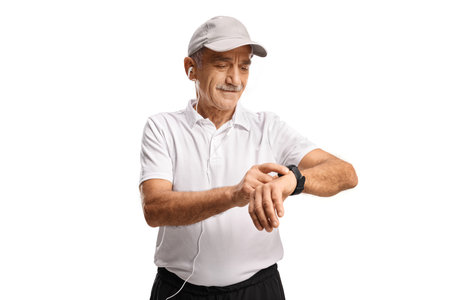 Mature man in sportswear checking his smart watch isolated on white backgroundの写真素材