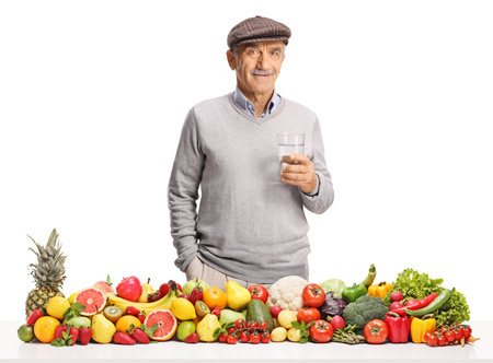 Male pensioner with a glass of water and pile of fruits and vegetables isolated on white backgroundの写真素材
