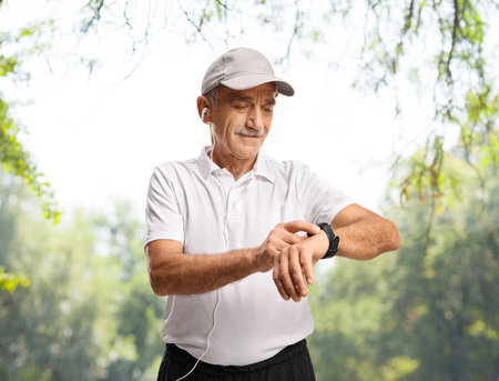 Mature man in sportswear checking his smart watch in a parkの写真素材