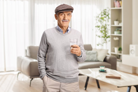 Elderly man holding a glass of water at homeの写真素材