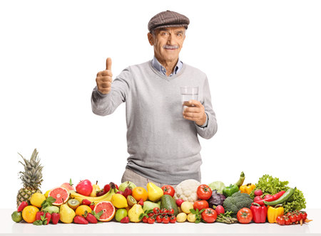 Male pensioner with a glass of water and pile of fruits and vegetables gesturing thumbs up isolated on white backgroundの写真素材