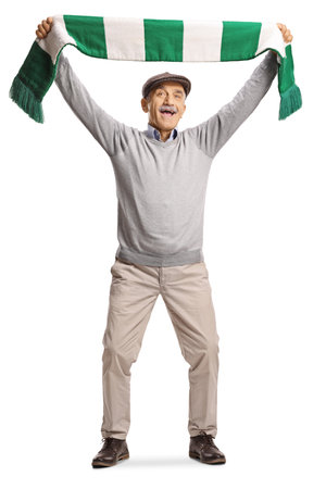 Happy elderly men cheering with a scarf isolated on white backgroundの写真素材