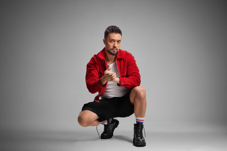 Stylish young man in a red jacker kneeling and posing on gray backgroundの写真素材