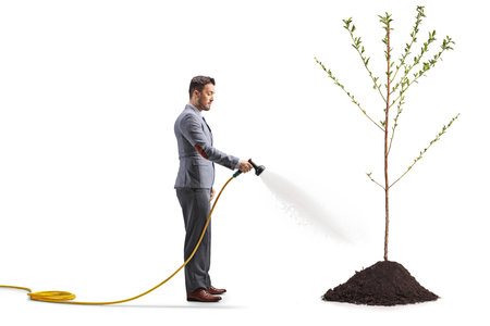 Businessman in a suit watering a young plant with a garden hose isolated on white backgroundの写真素材