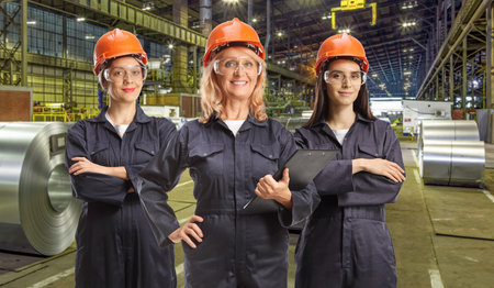 Team of female factory workers in uniforms wearing helmets and gogglesの写真素材