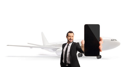 Man in suit holding smartphone in front of an airplane isolated on white backgroundの写真素材
