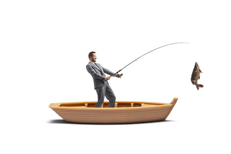 Man standing inside a boat and catching fish isolated on white background