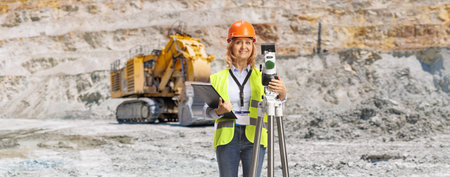 Female geodetic surveyor on a mining pit with a measuring stationの写真素材