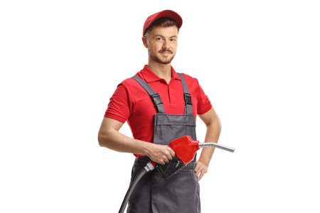 Gas station attendant holding a refueling gun isolated on white background