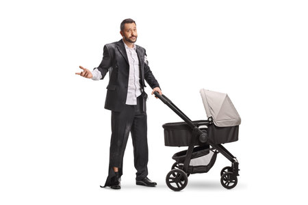 Exhausted father in a ripped suit standing with a pushchair isolated on white background