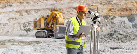 Geodetic surveyor measuring with a positioning station at a mining pit