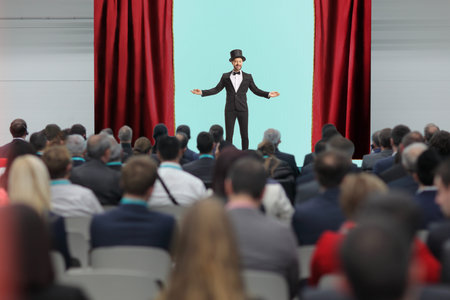 Magician in a tuxedo and top hat performing on stage in front of an audience