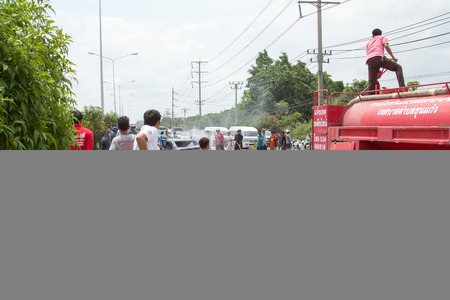 THAILAND 24 May : Car fire due to a gas explosion. Be car crash. The damaged on car and driver died in car. On the Highway No.4 Phet Kasem road. May 242015 in nakhon pathom provincethailandのeditorial素材