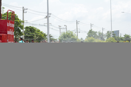 THAILAND 24 May : Car fire due to a gas explosion. Be car crash. The damaged on car and driver died in car. On the Highway No.4 Phet Kasem road. May 242015 in nakhon pathom provincethailandのeditorial素材