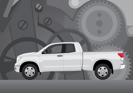  Pick-up truck with background of cogwheels  Vehicle and background on separate layers, no transparencies のイラスト素材